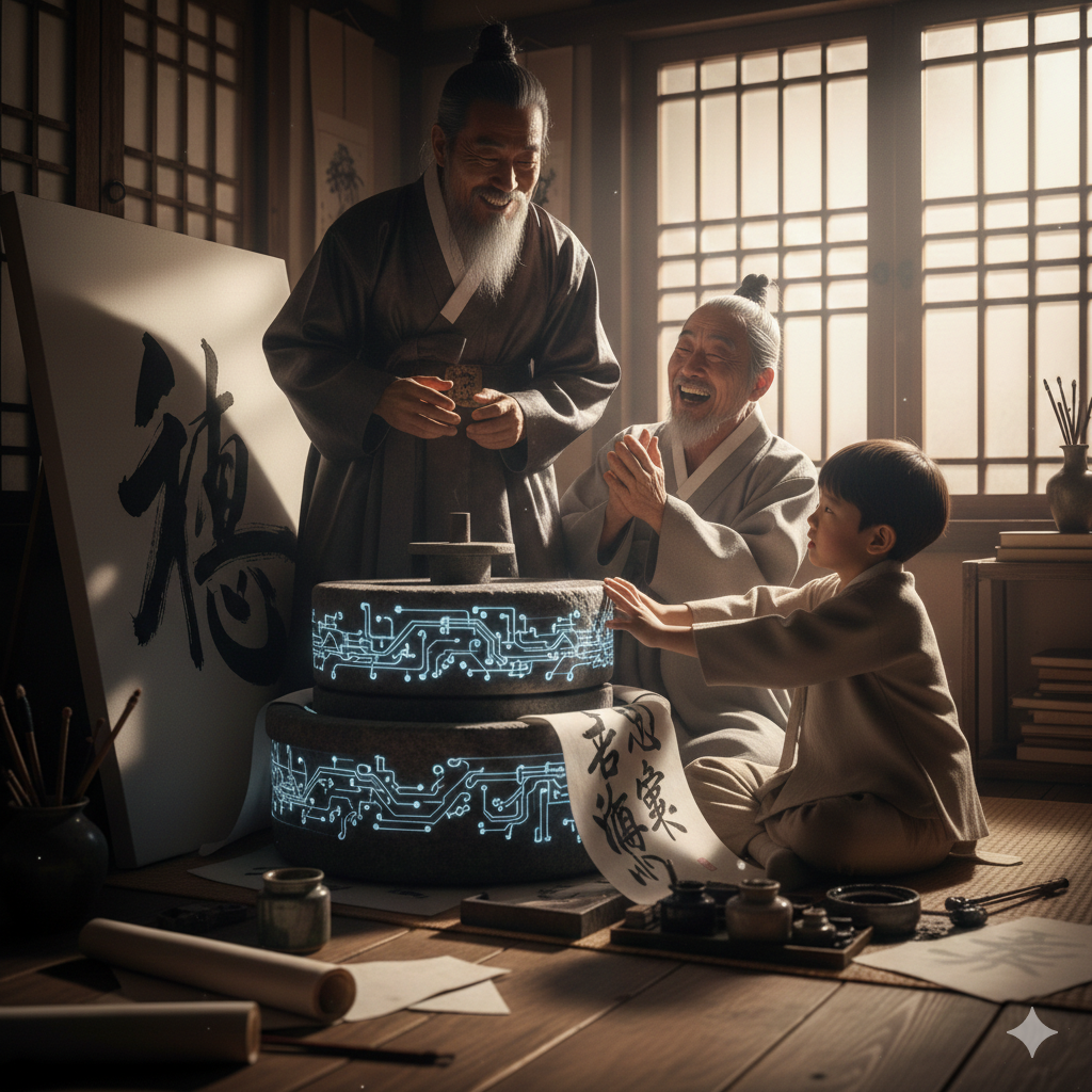 음흉한 미소를 지으며 복제 맷돌을 소개하는 거상과 기뻐하는 화가 사이에서 어린 제자가 두 손을 뻗어 맷돌을 만류하며 걱정하는 모습