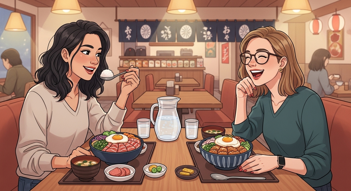 식당에서 음식을 맛있게 먹고 있는 두 사람의 일러스트.