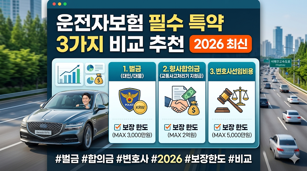 운전자보험 필수 특약 3가지 비교 추천 (2026 최신) - 벌금 및 합의금 보장 한도 체크
