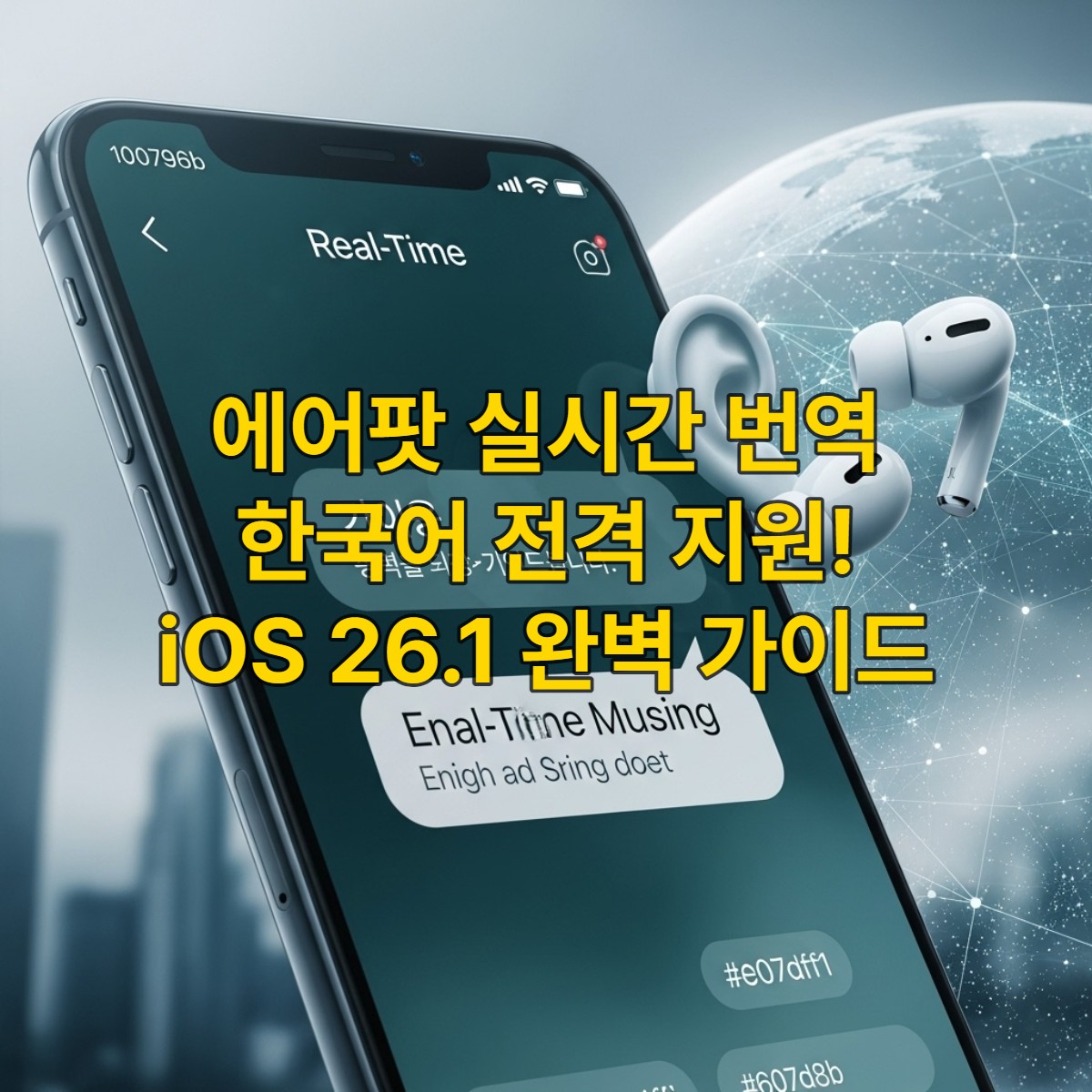 iOS 26.1 업데이트된 아이폰에서 에어팟을 이용해 실시간으로 한국어 번역을 하는 모습. 미래적이고 깔끔한 디자인.