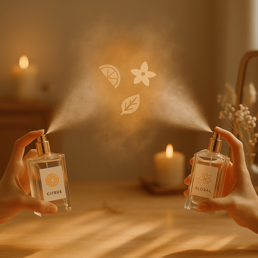 따뜻한 베이지 톤의 영화 같은 분위기를 담은 사진. 여성의 우아한 화장대 위에 두 개의 향수병이 서로 반대 방향으로 향을 뿌리고 있다. 한 병은 시트러스 계열, 다른 하나는 플로럴 계열로 라벨링되어 있다. 중앙에는 퍼퓸 미스트가 황금빛으로 빛나며 부드럽게 섞이고, 안개처럼 흐르는 공기 중에는 레몬, 재스민, 샌달우드 아이콘이 은은히 떠다닌다. 배경에는 촛불과 드라이플라워가 흐릿하게 보이며, 아늑하고 창의적인 향수 실험의 순간을 표현