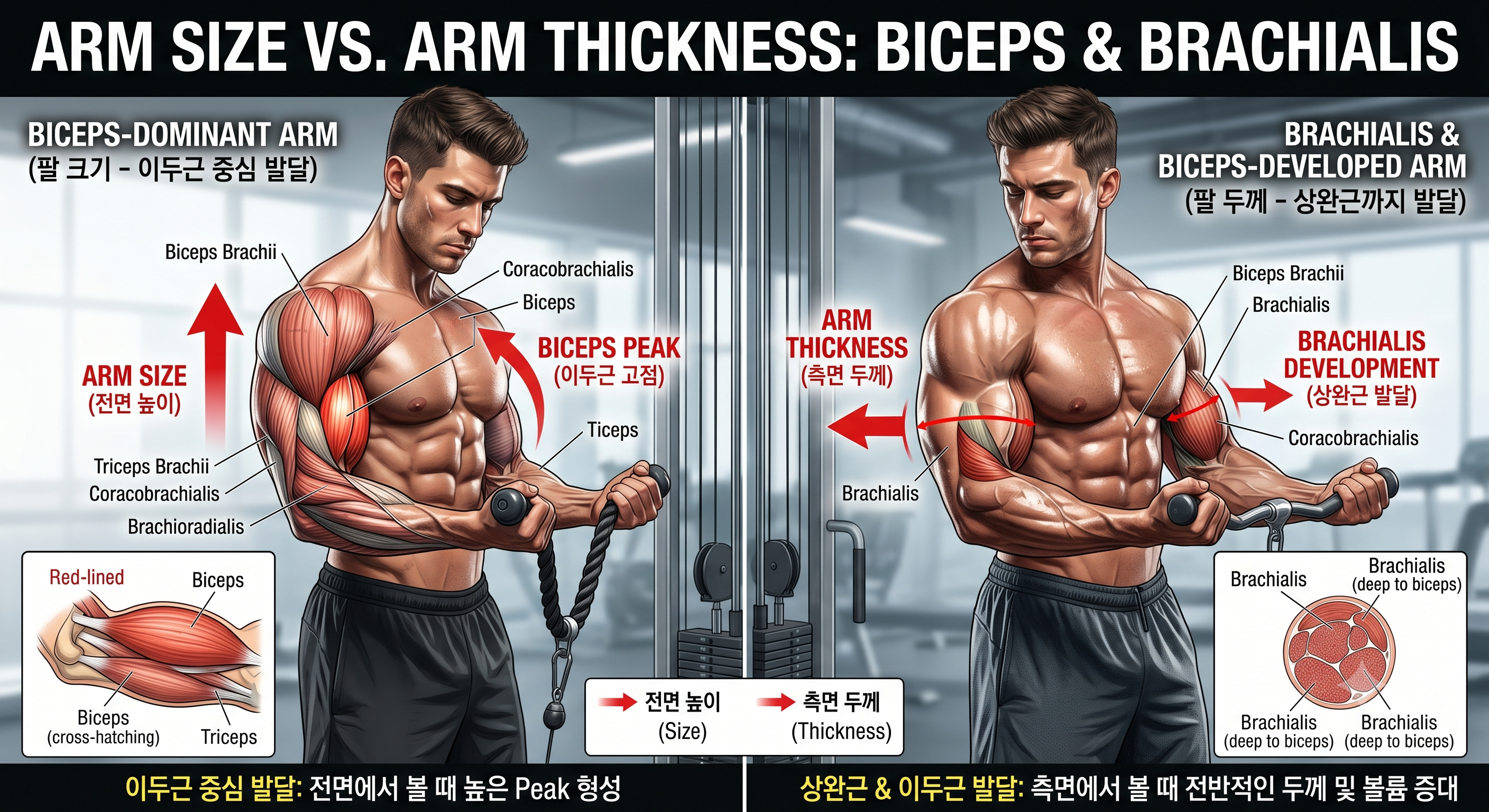 팔 크기와 팔 두께의 차이