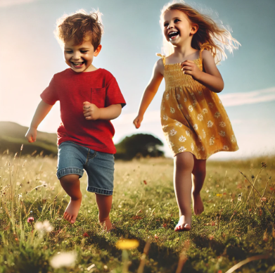 남자 아이와 여자아이가 잔디밭을 뛰어다니고 있는 모습 관련 사진