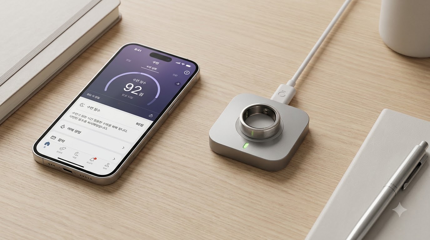 "우드 데스크 위에 놓인 아이폰 화면에 수면 점수 92점이 띄워져 있고, 그 옆 USB-C 전용 충전 독 위에 오우라 링이 거치되어 있는 모습"