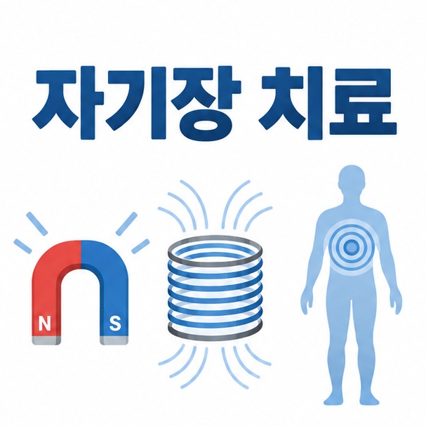 자석 전자기장 코일과 인체 아이콘을 배경으로 자기장 치료라는 글자가 중앙에 놓인 의료 교육 인포그래픽