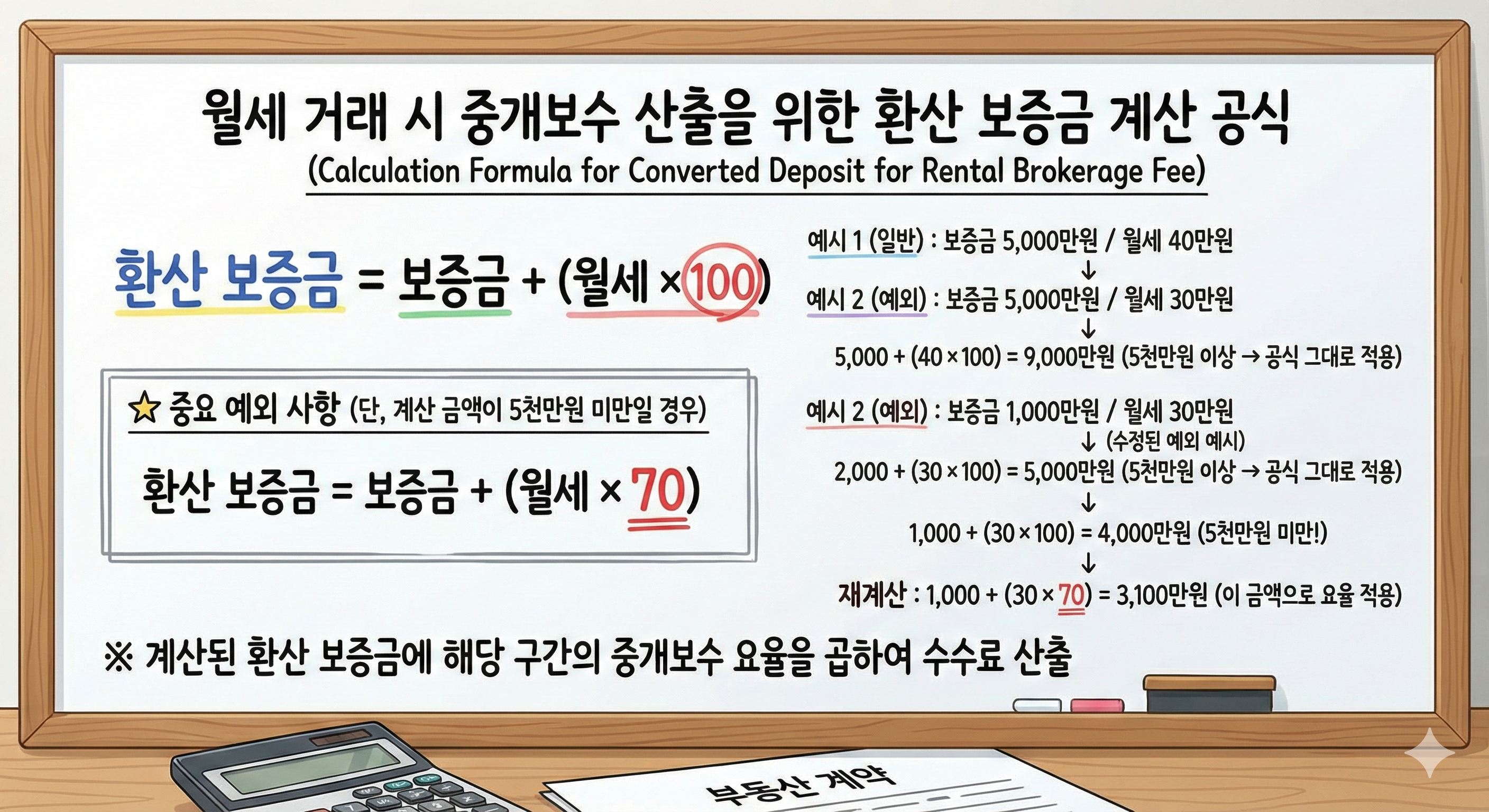 보증금과 월세를 활용해 중개수수료를 산출하는 환산 보증금 계산 수식 묘사