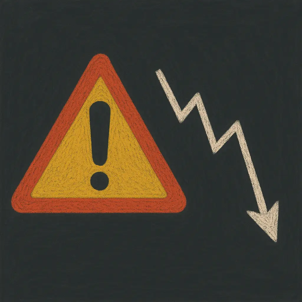 주의 표시와 아래로 떨어지는 그래프