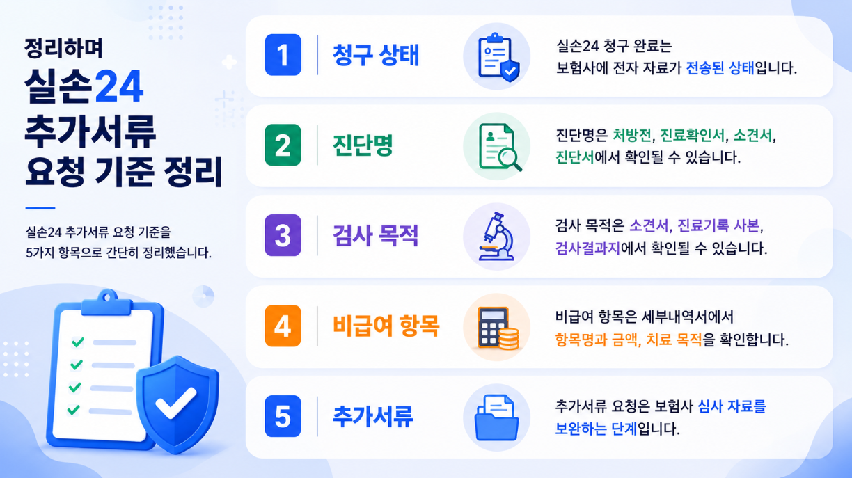 실손24 추가서류 요청 기준을 청구 상태, 진단명, 검사 목적, 비급여 항목, 추가서류 항목으로 요약한 정리 인포그래픽