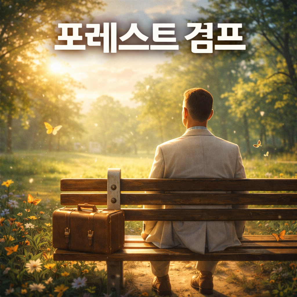밴치에 앉아있는 주인공의 뒷모습. 영화제목 포레스트 검프 문구가 삽입되어 있음.