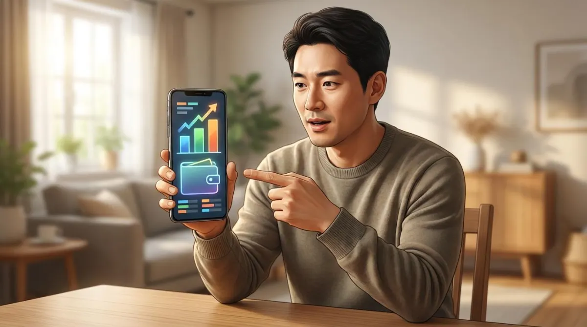 아늑한 가정집에서 스마트폰 화면을 통해 2026년 육아휴직 급여와 가계 경제의 변화를 꼼꼼히 살피고 있는 한국인 아버지의 모