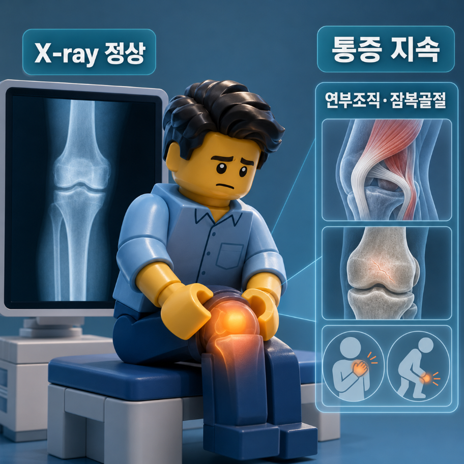 정상 X-ray 결과인데도 무릎 통증이 지속되는 이유와 연부조직 및 잠복골절을 설명하는 의료 인포그래픽