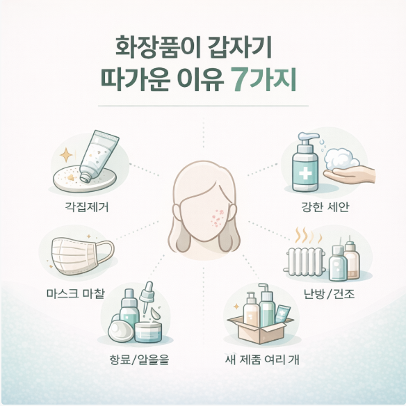 “원래 쓰던 화장품이 갑자기 따가운 7가지 원인(각질제거, 강한 성분, 세안, 건조, 마찰 등)을 정리한 인포그래픽”