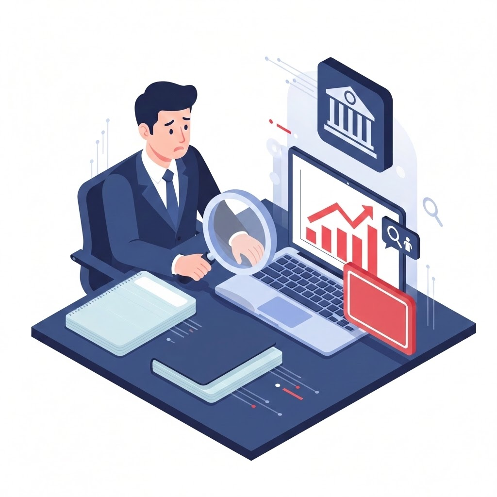 세무조사 리스크 방지를 위해 사업용 계좌와 가족 계좌를 분리하고 금융 데이터를 꼼꼼히 분석하는 개인사업자의 모습을 나타낸 일러스트 이미지.