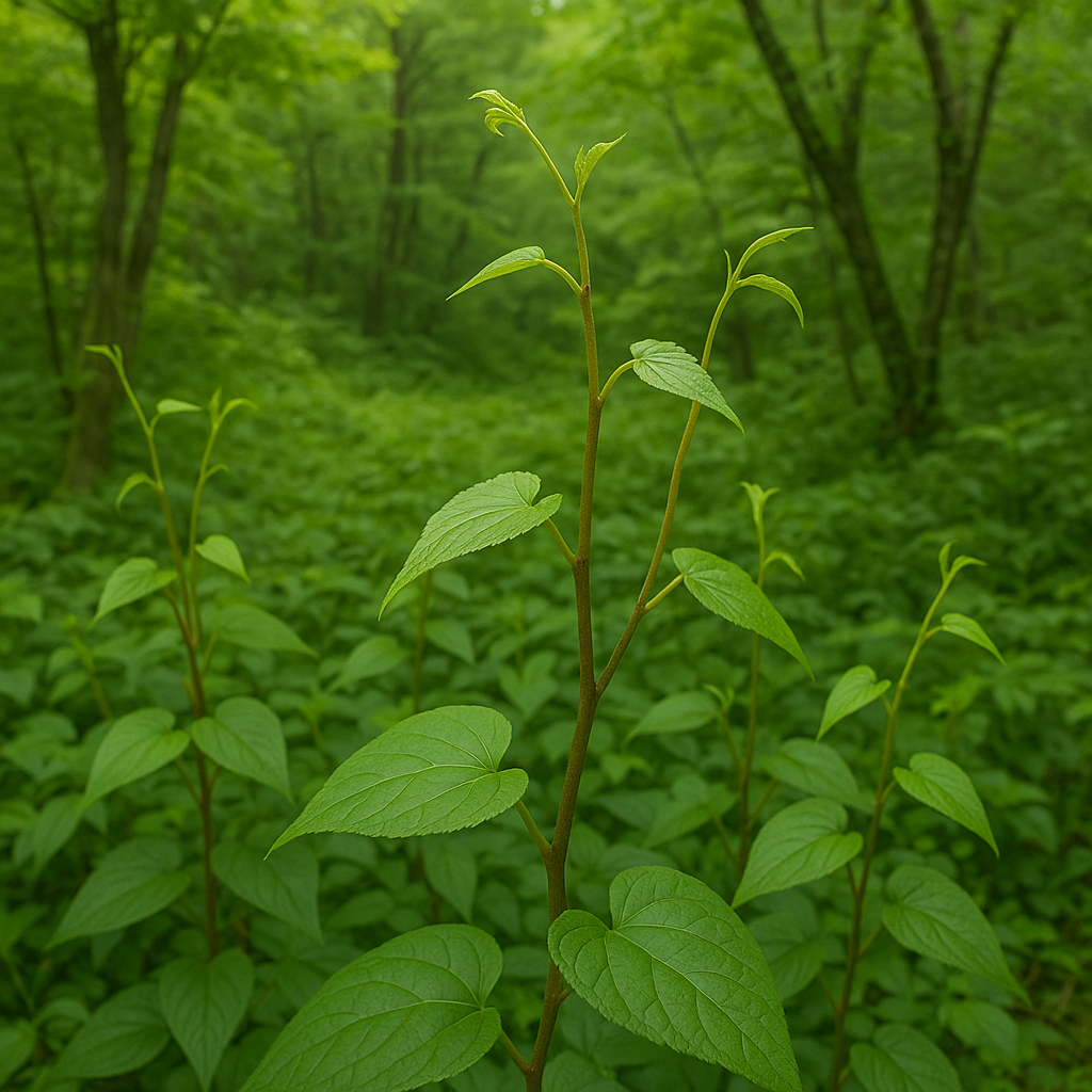 숲속에서 자라는 어린 다래순 덩굴