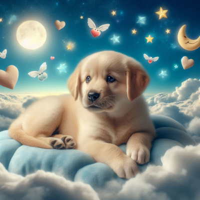구름 위에서 아기 강아지가 편안히 자고 있고, 주변에 별과 나비가 떠 있는 장면.