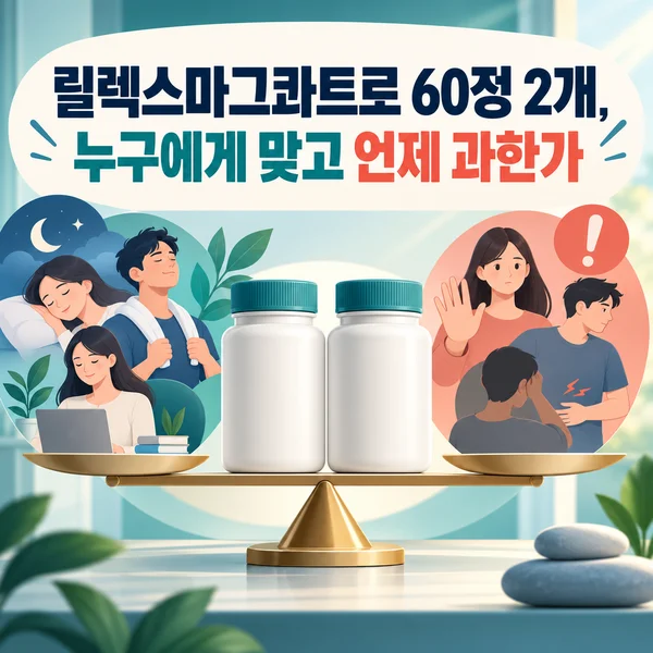 '릴렉스마그콰트로 60정 2개, 누구에게 맞고 언제 과한가' 제목 텍스트가 보이는 AI로 생성한 대표 썸네일, 릴렉스마그콰트로 60정 2개, 누구에게 맞고 언제 과한가 주제를 표현한 배경 안내 이미지