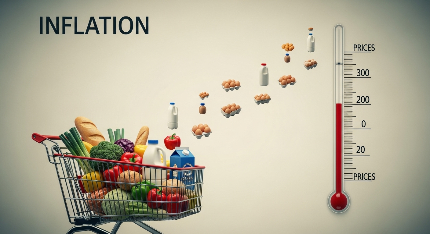 물가 상승으로 인해 구매력이 줄어드는 모습을 표현한 쇼핑 바구니와 온도계 이미지