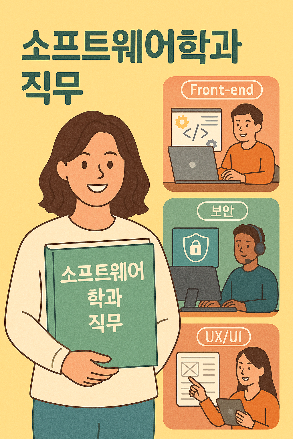 소프트웨어학과 직무를 주제로 프론트엔드(주황 배경), 보안(청록 배경), UX/UI(연주황 배경) 각각 다른 색상으로 표현된 포스터로, 중앙에는 책을 든 여성이 배치되어 있음