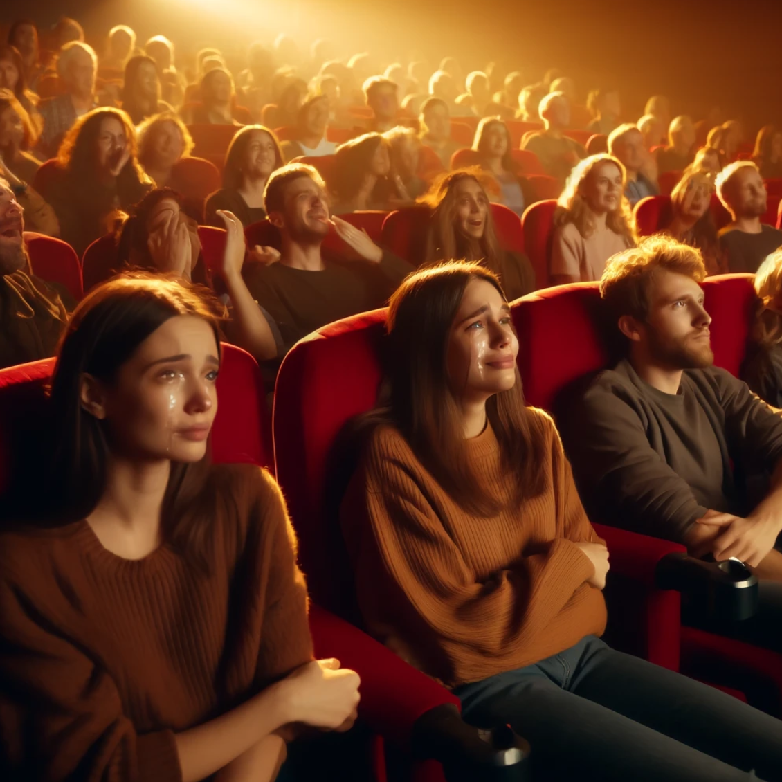 영화관 좌석에서 눈물을 흘리며 감동하는 사람들의 모습