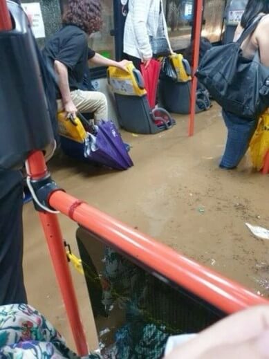 물이-범람하여-버스속까지-차들어와-승객들이-당황하는-모습