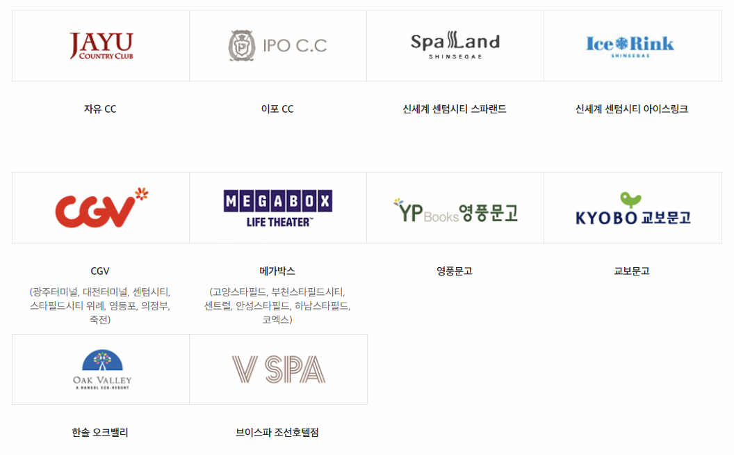 신세계상품권 문화 및 레저 시설 사용처 이미지