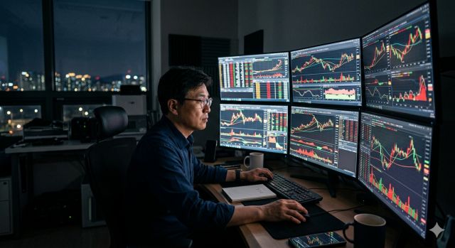 코스피 변동성 확대 상황에서 투자자가 주식 차트를 분석하는 모습