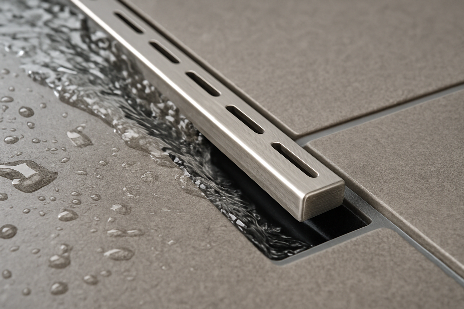 트렌치 배수와 낮은 방수턱, 하부 가스켓이 보이는 건식 화장실 바닥 디테일 클로즈업.