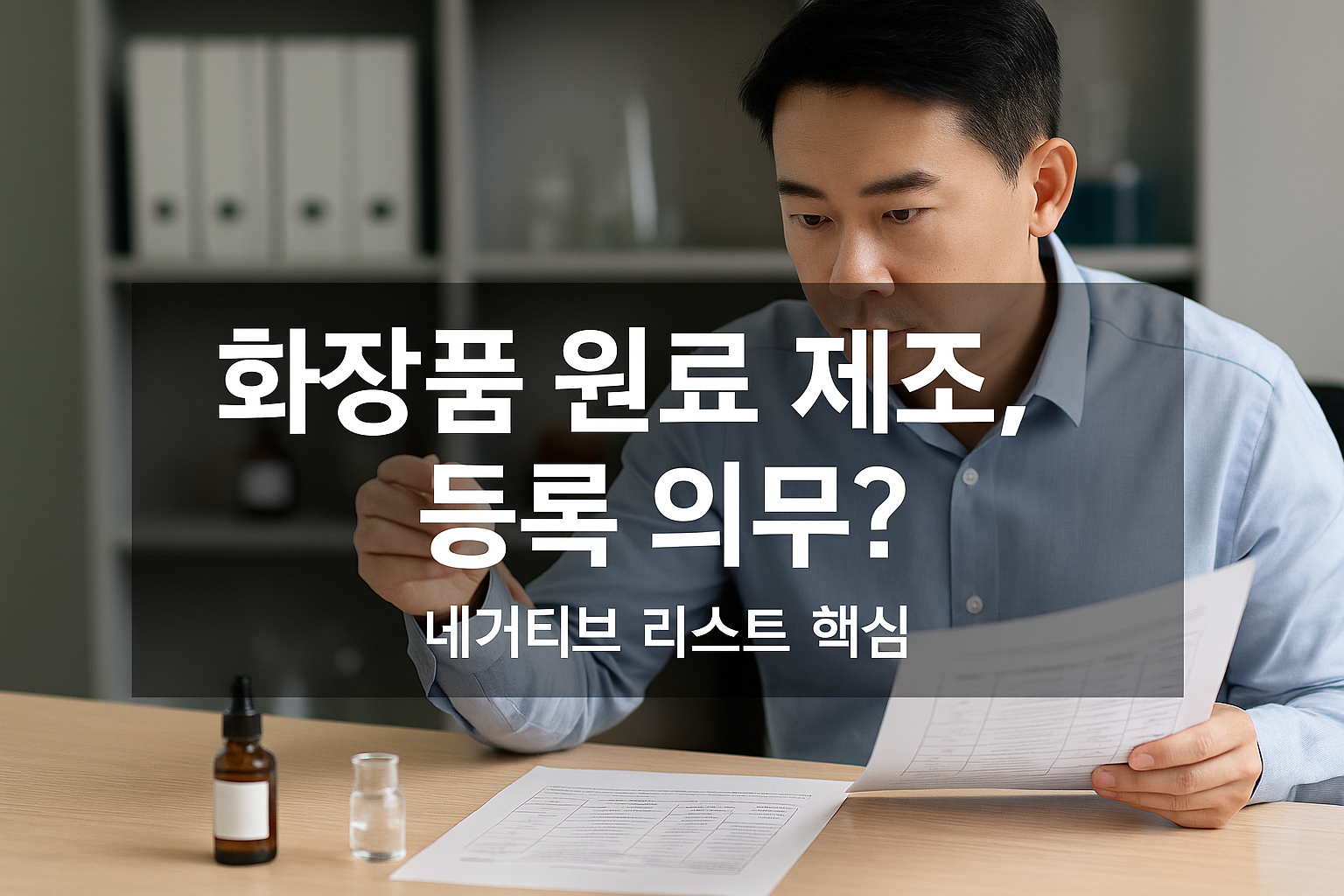 현대 사무실 책상에서 한국인 컨설턴트가 샘플 바이알과 문서를 검토하는 장면으로, 중앙 오버레이에 &ldquo;화장품 원료 제조, 등록 의무?&ldquo;와 작은 텍스트 &ldquo;네거티브 리스트 핵심&rdquo;이 배치된 16:9 썸네일 이미지; 화장품 원료 제조, 화장품제조업 등록 여부, 네거티브 리스트, 식약처 안전기준, 사용금지&middot;사용한도 원료 가이드의 핵심 메시지를 시각적으로 전달.