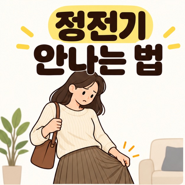정전기 안나는 법 제목 아래 여성이 몸에 달라붙은 치마 자락을 잡아당기는 모습