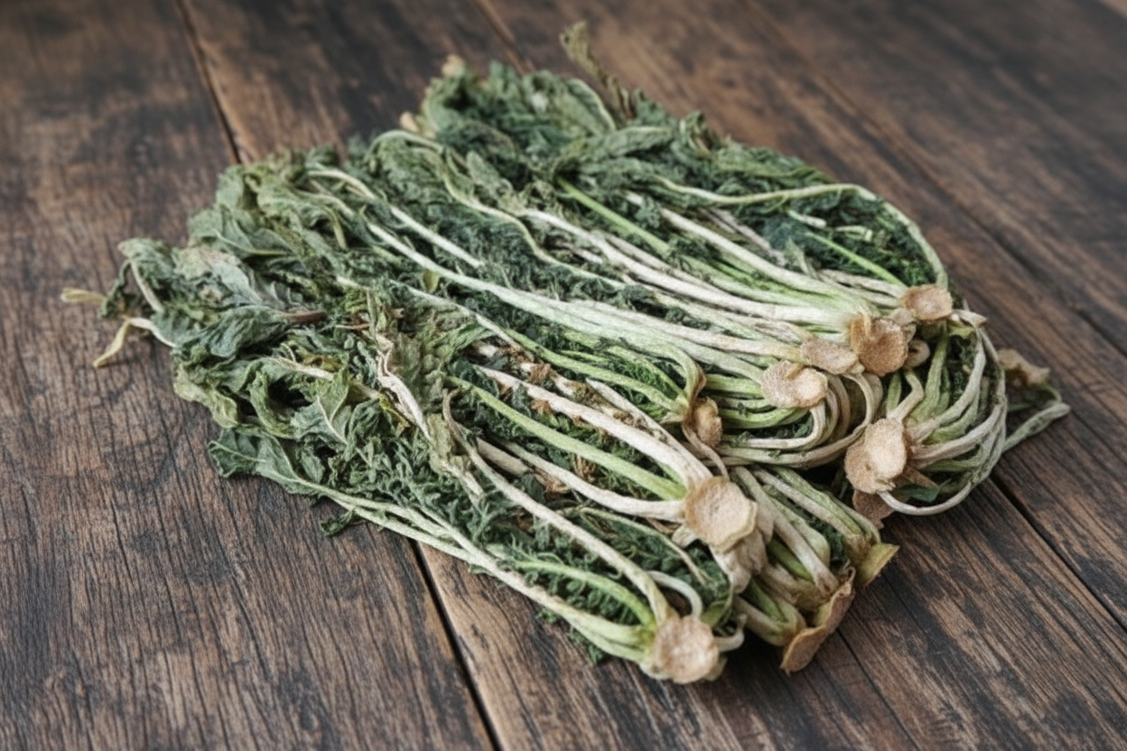 겨울바람에 잘 말려진 푸른 무청 시래기의 모습.