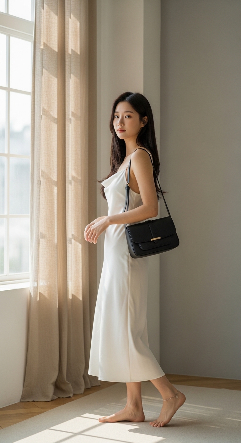 90년대 감성이 느껴지는 단순하고 깔끔한 실루엣의 슬립 드레스와 숄더백