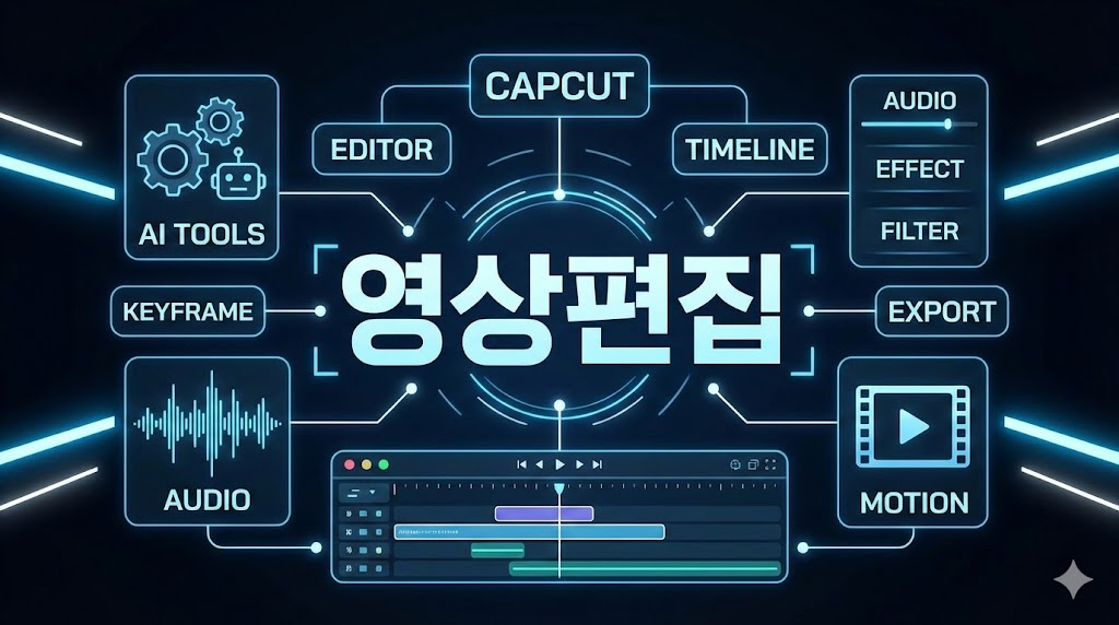 영상편집 캡컷의 주요 기능을 설명하는 인포그래픽 이미지로 타임라인과 인공지능 도구들이 배치된 전문적인 디자인