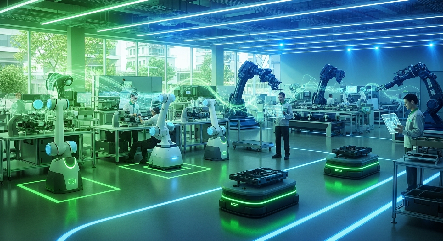 최첨단 로봇들이 인간 엔지니어와 협력하여 작업하는 미래형 공장 내부.