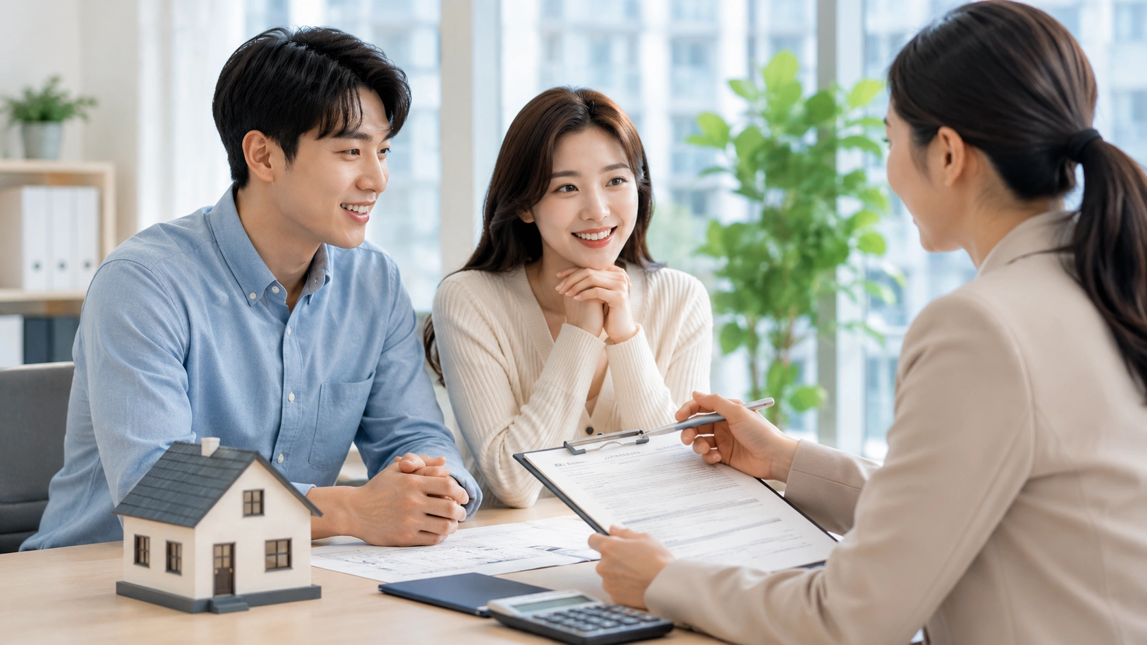 디딤돌대출 우대금리 상담을 위해 한국인 신혼부부가 대출 상담사와 상담하는 모습
