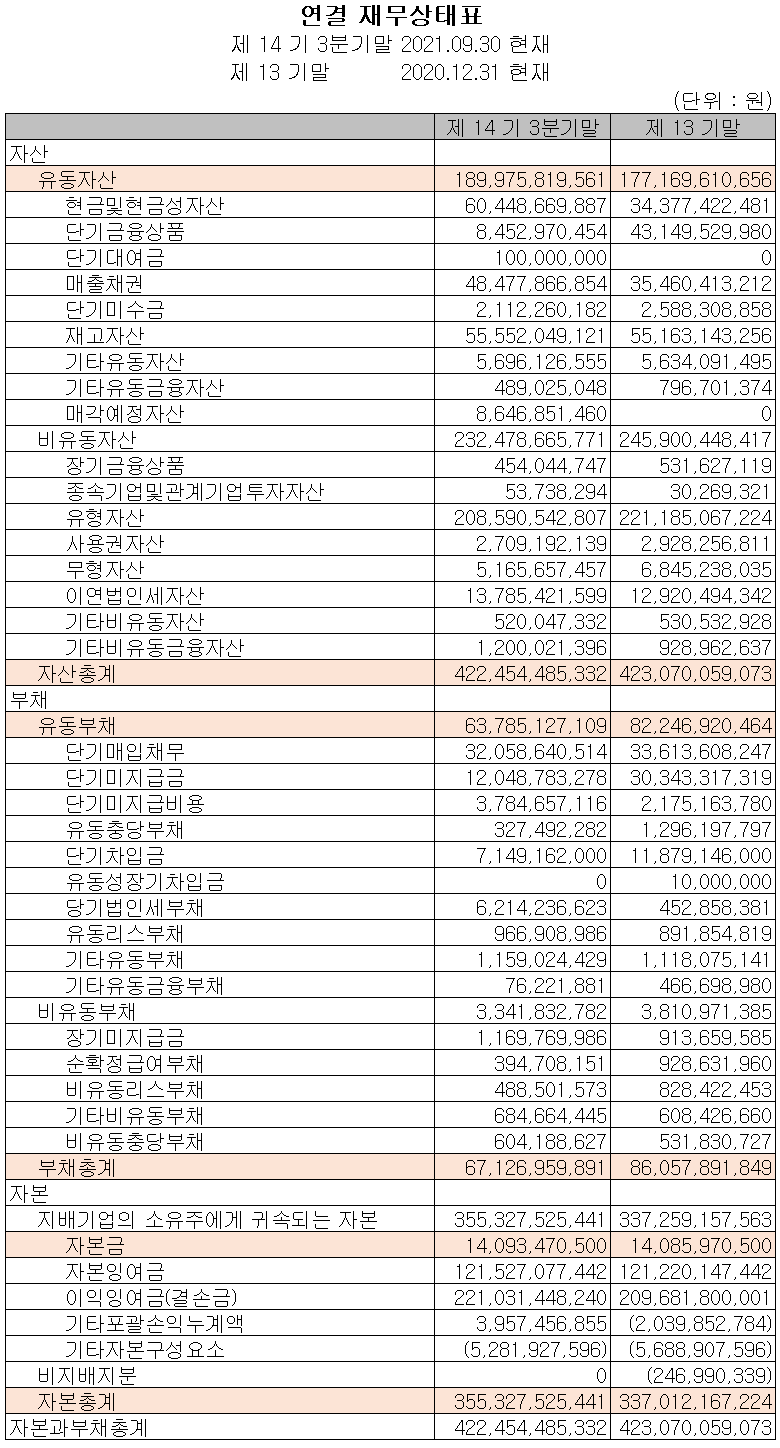 (주)와이솔 재무상태표