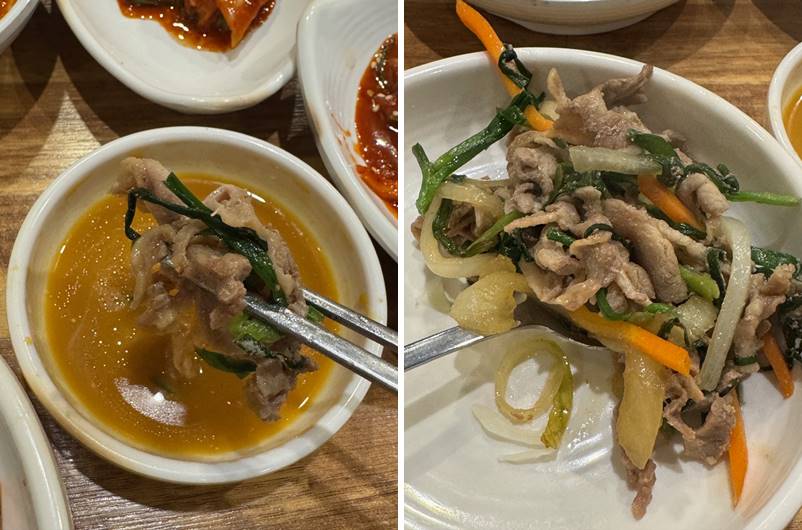 잘 구워진 오리불고기를 소스에 찍어먹는 모습