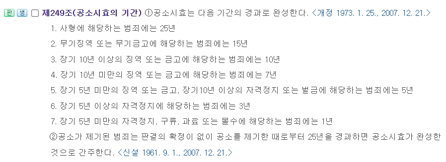 형사소송법 249조에 명시된 범죄 무게별 상세 기간 내용