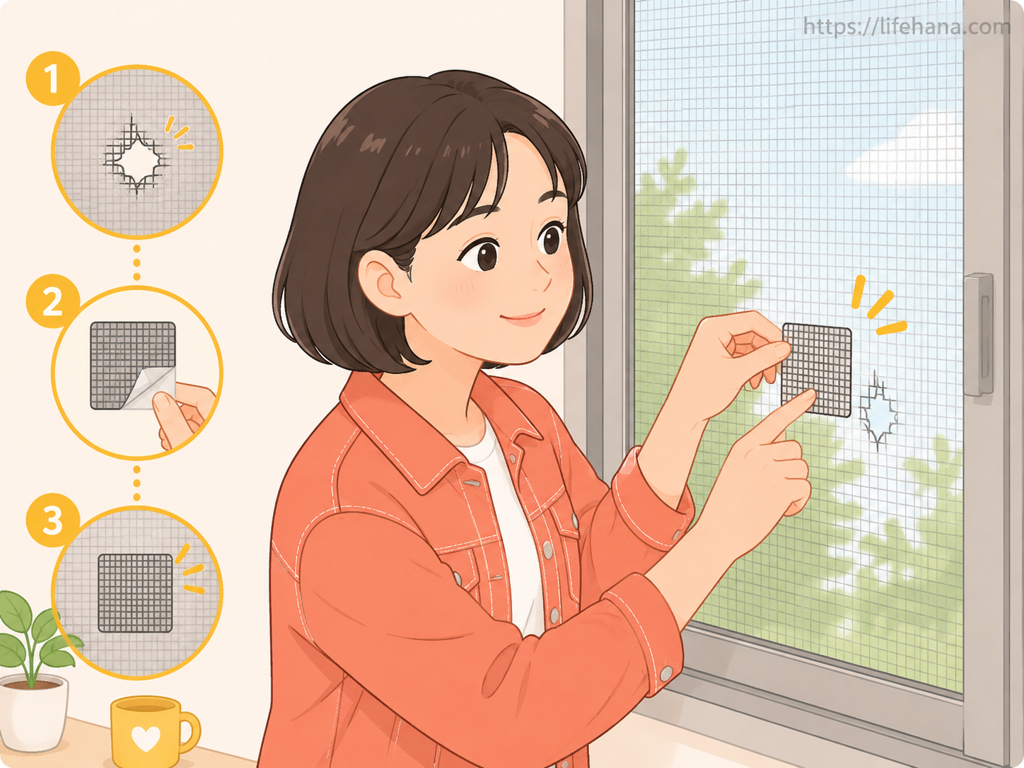 스마트폰 카메라로 방충망 틈새를 촬영하며 셀프 보수 계획을 점검하는 청년의 모습 일러스트