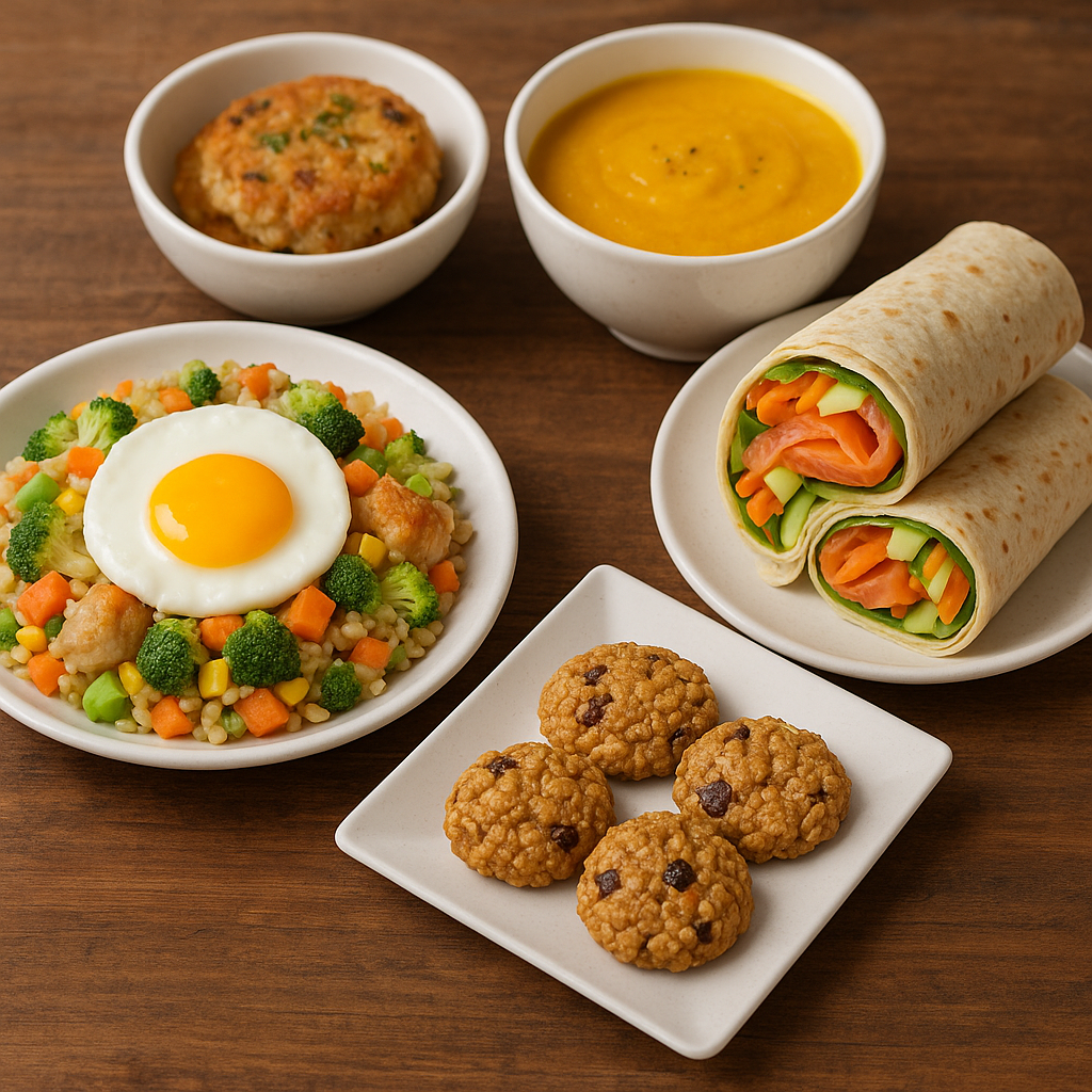 닭가슴살 볶음밥, 바나나오트밀쿠기. 연어아보타도롤, 단호박죽, 두부참치 미니전