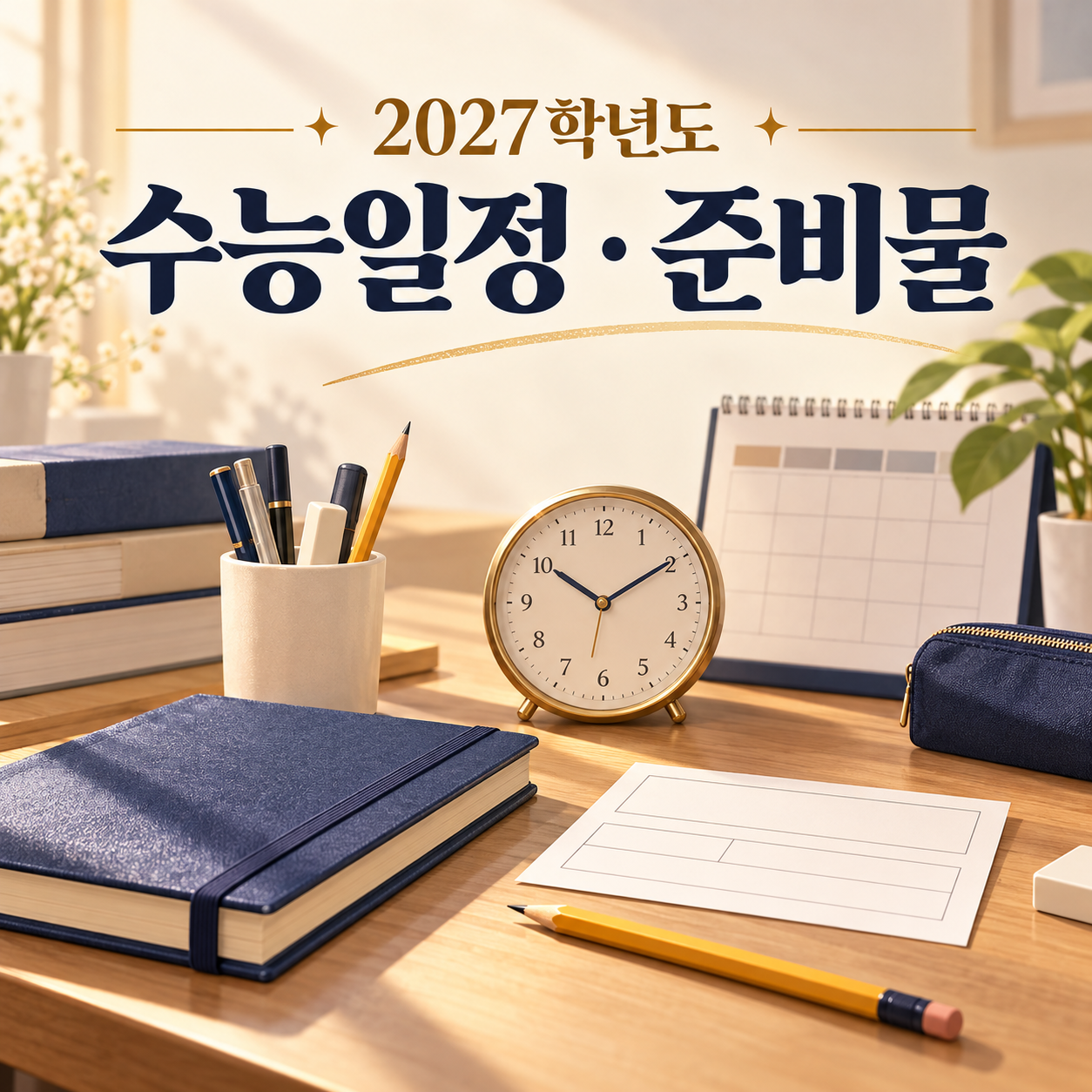 아날로그 시계와 필기구가 놓인 책상으로 표현한 2027학년도 수능일정 및 준비물 안내 썸네일