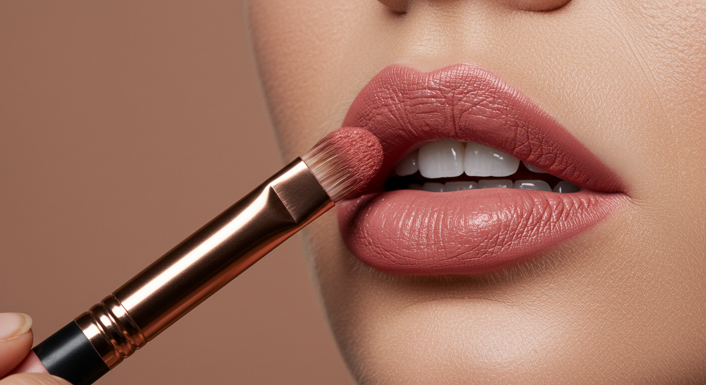 고급 립 브러시로 입술 중앙에 립 컬러를 부드럽게 바르는 모습. 뷰티 컬러 감각과 섬세한 배색 조화를 시각적으로 전달합니다.