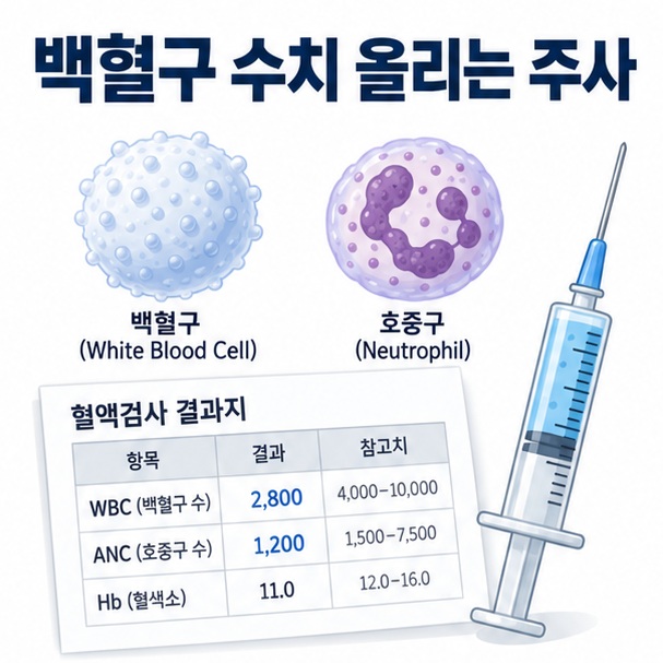 혈액검사 결과와 백혈구 세포 주사기를 배경으로 백혈구 수치 올리는 주사라는 글자가 중앙에 놓인 의료 교육 인포그래픽
