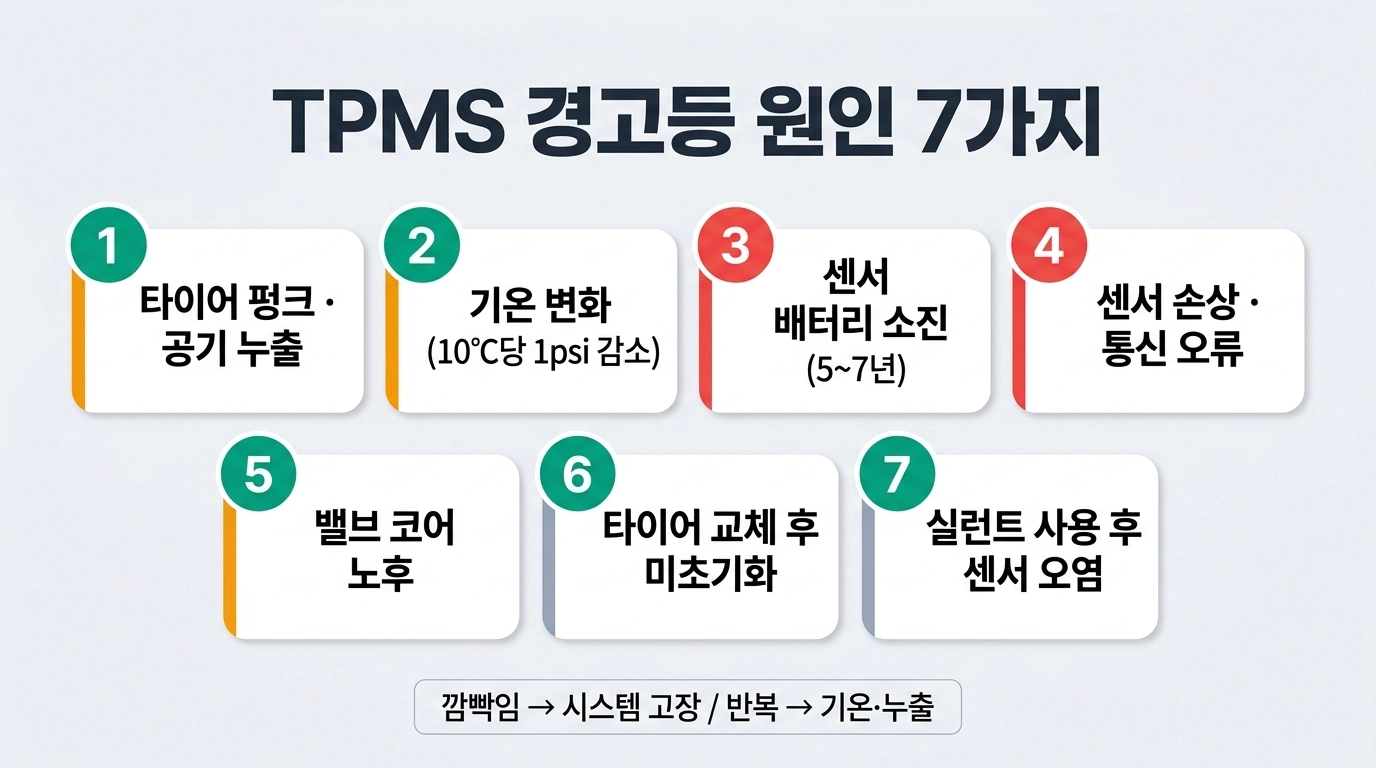 TPMS 경고등 원인 7가지 체크리스트 인포그래픽