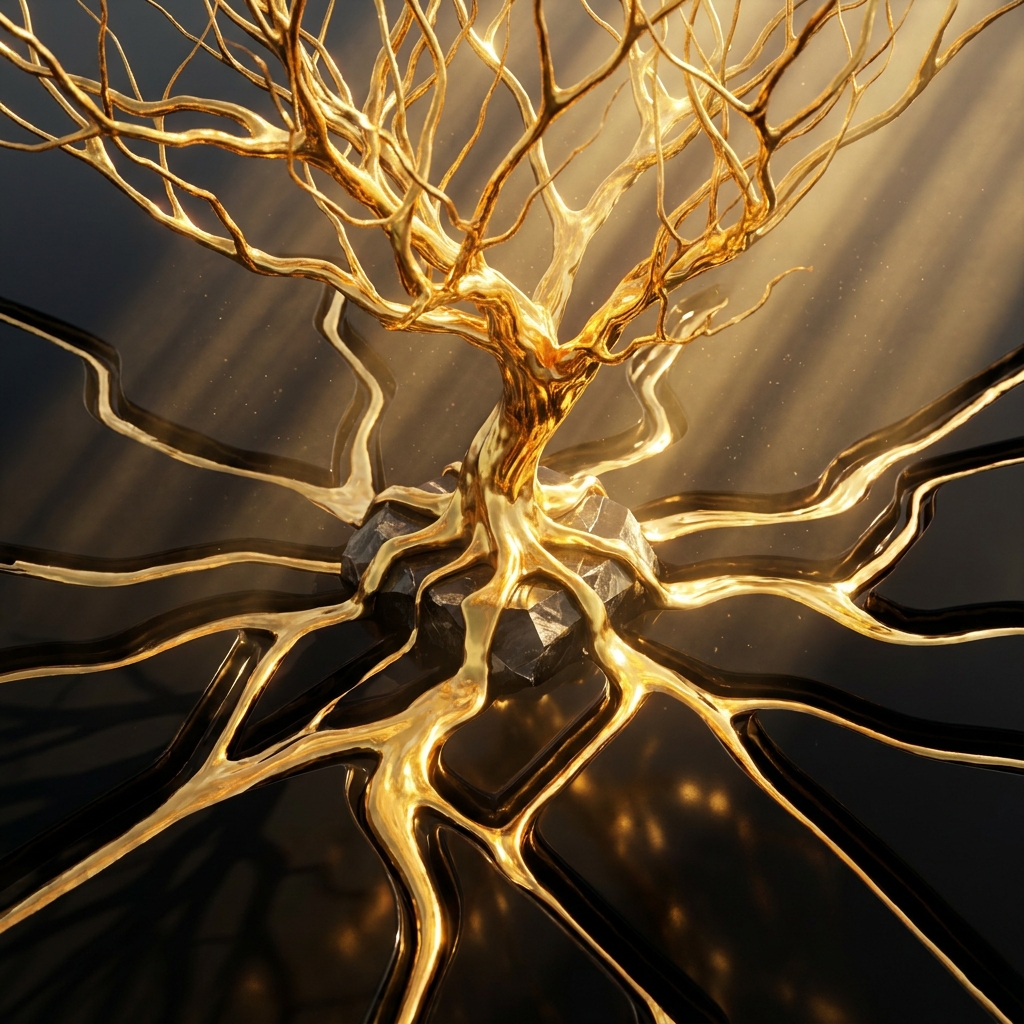 차갑고 견고한 흑요석 바위 틈을 끈질기게 흐르며 깊고 정교한 자국을 세긴 황금 액체 금속이, 서서히 돌벽을 뚫고 솟아올라 굳건하고 화려하게 성장하는 한 그루의 황금 거목으로 피어나는 모습. 찰나의 폭발이 아닌 기나긴 세월 동안 이어지는 불굴의 투지와 집념의 가치를 고품격 디지털 3D 그래픽 아트로 담아낸 8k 초고해상도 사진.