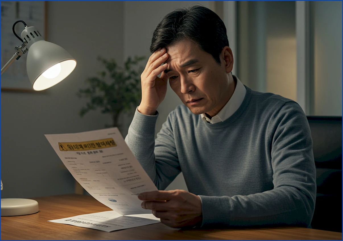 건강검진 결과표를 보고 '이상지질혈증 주의' 문구에 불안해하는 40대 남성.