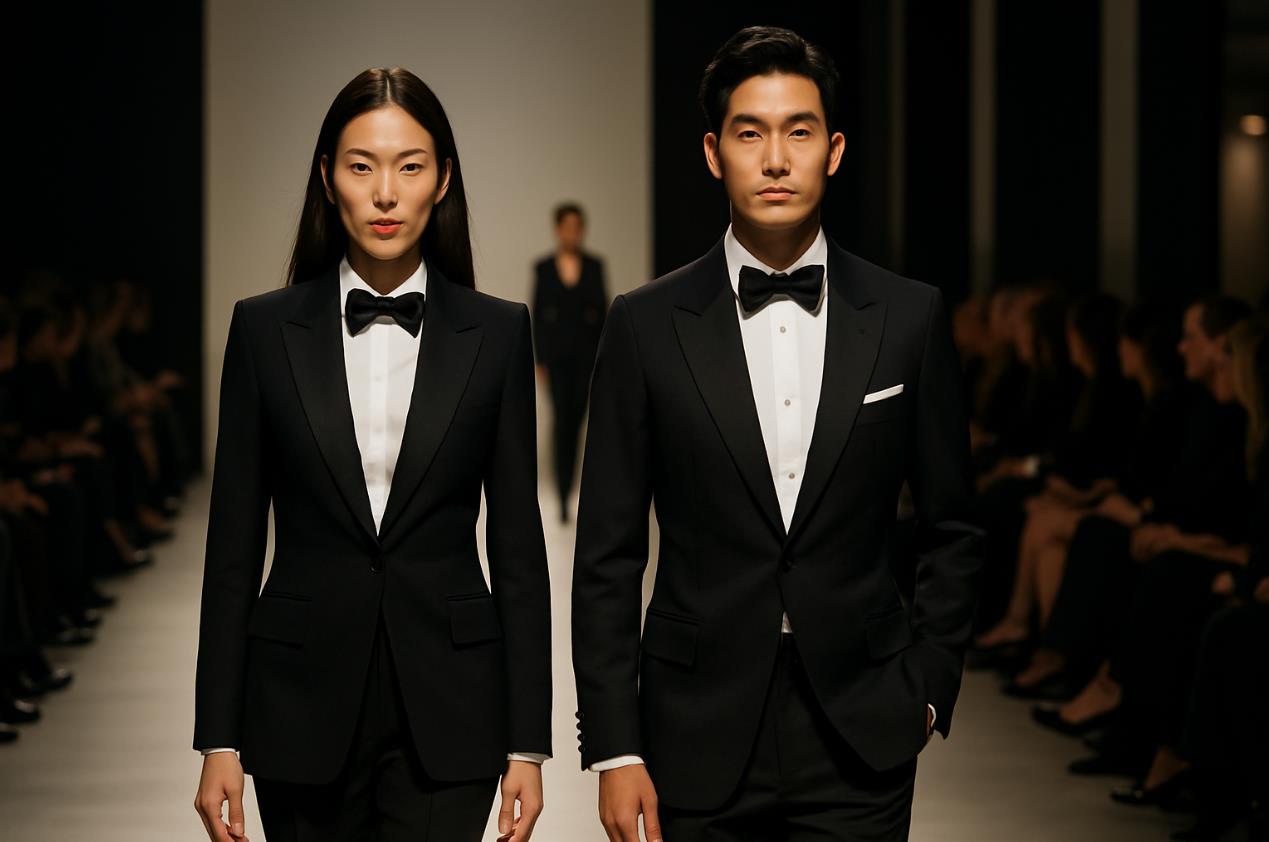 남성과 여성이 같은 블랙 턱시도를 입고 나란히 런웨이를 걷는 장면.