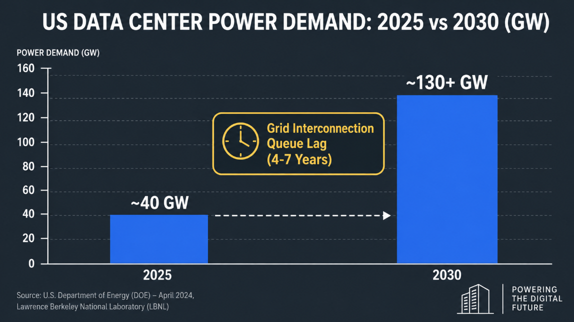 Bar chart showing historical and projected U.S. power demand from data centers rising steeply from under 50 GW to over 130 GW by 2030