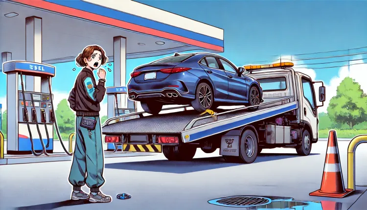 잘못된-연료주입으로-견인되어가는-자동차와-당황해하는-여자