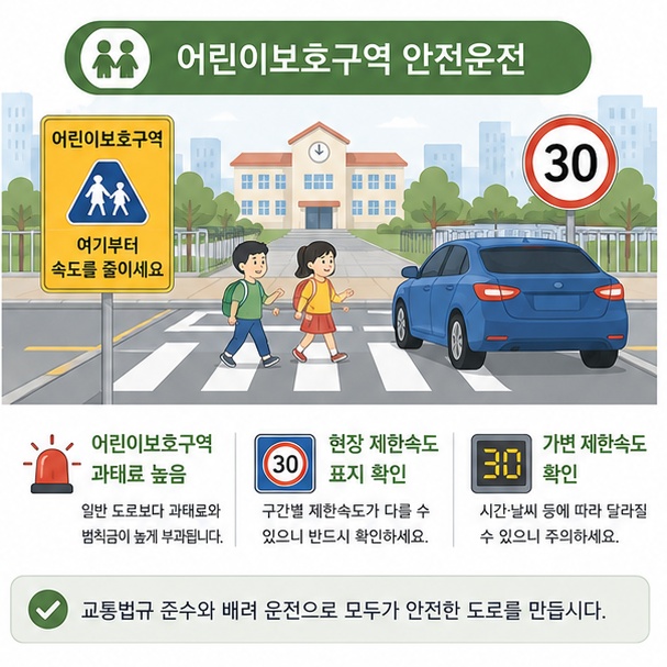 어린이보호구역에서는 일반도로보다 높은 과태료가 적용되므로 현장의 제한속도와 가변형 표지를 확인해야 함을 보여주는 그림