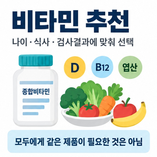 비타민 추천이라는 제목과 종합비타민 비타민 D 비타민 B12 엽산 캡슐과 건강한 식사를 함께 표현한 대표 이미지